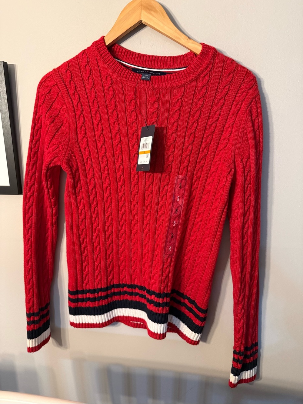 Tommy Hilfiger Red Cable-Knit Crewneck Sweater with Navy & White Stripes